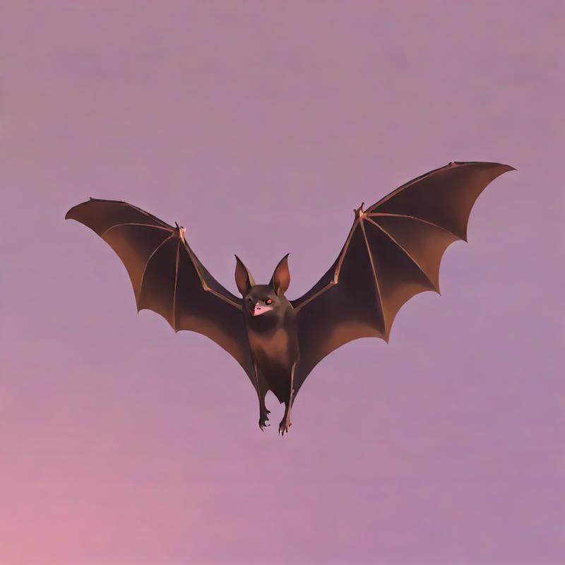 A bat soars against a purple sky