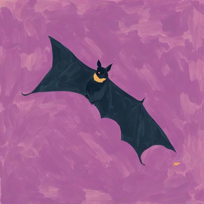 A bat soars through purple skies