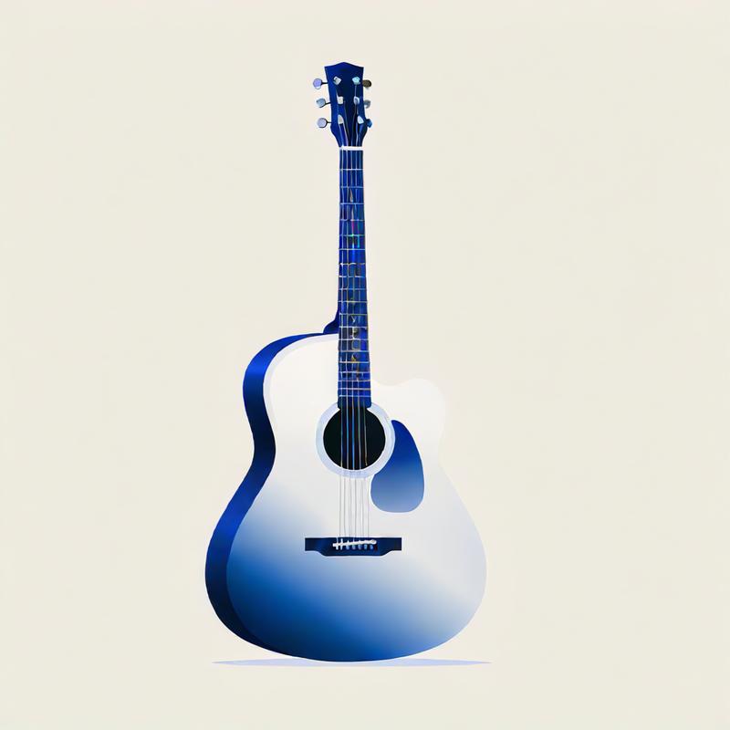 A blue-white acoustic guitar awaits performance