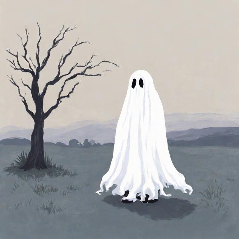 A ghostly figure haunts a barren landscape