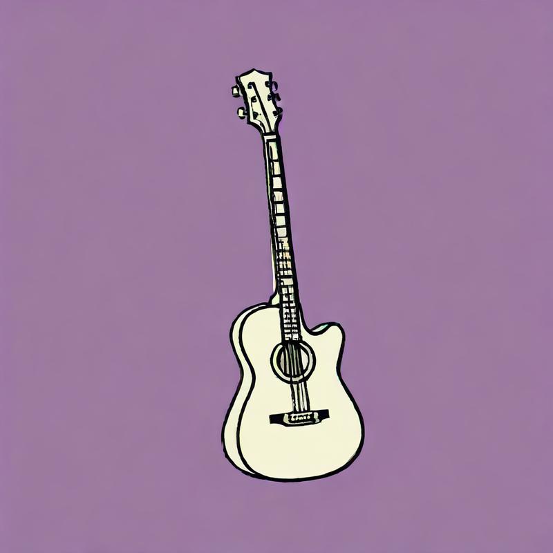 A guitar stands against a purple backdrop