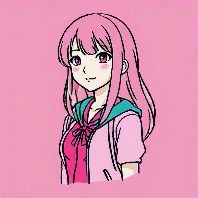 A pink-haired anime girl smiles cheerfully