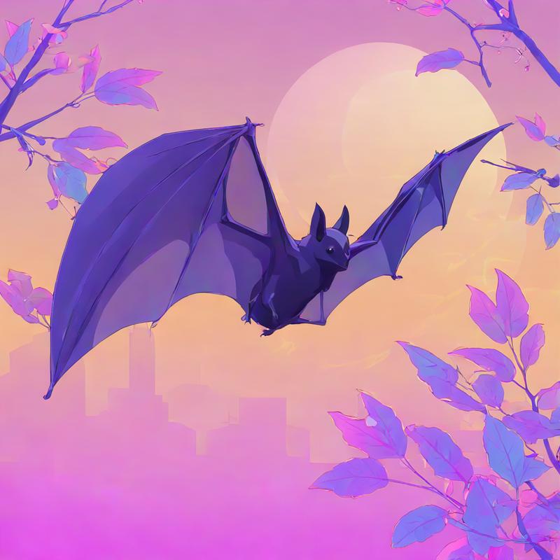 A purple bat soars at dusk