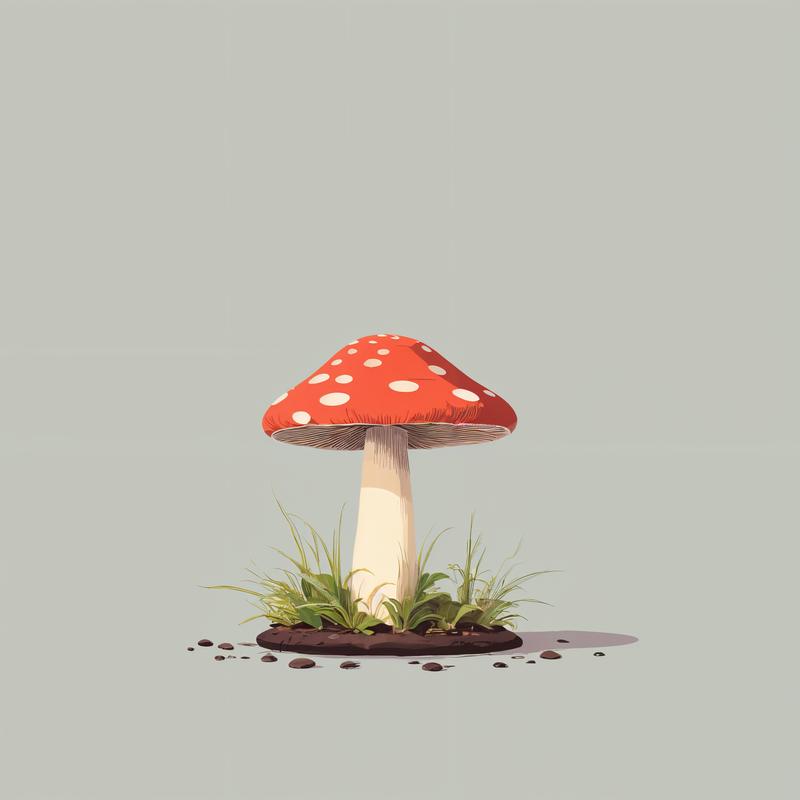 A red-spotted toadstool emerges from the earth