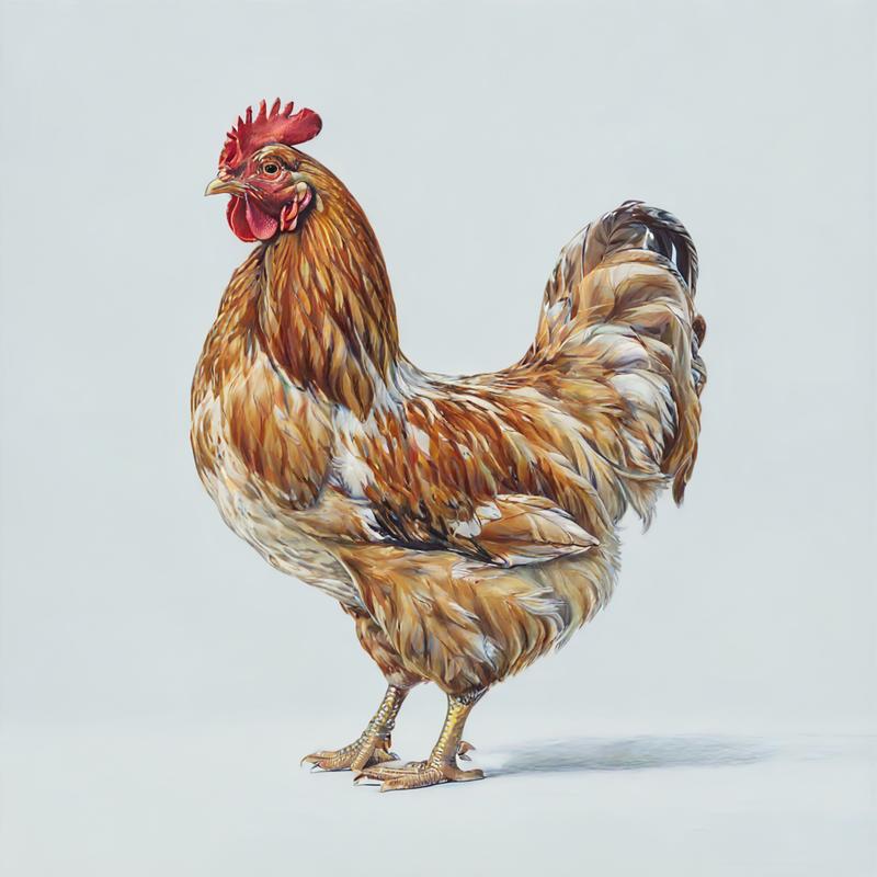 A vibrant hen struts confidently forward