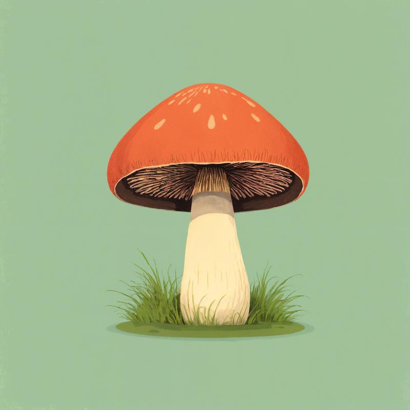 A vibrant mushroom emerges from the grass