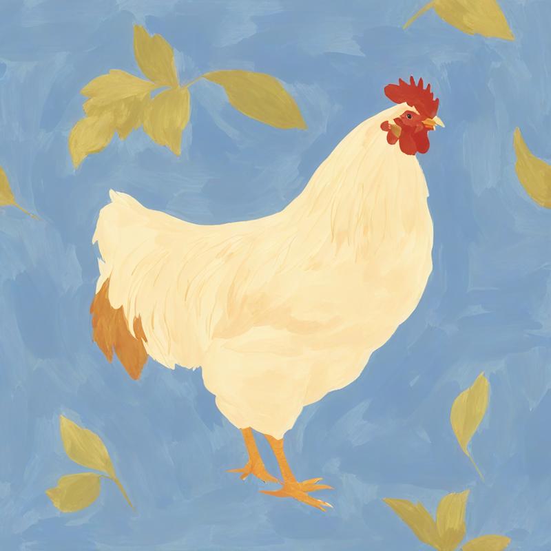 A white hen struts among leaves