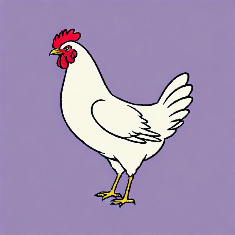 A white hen struts confidently forward