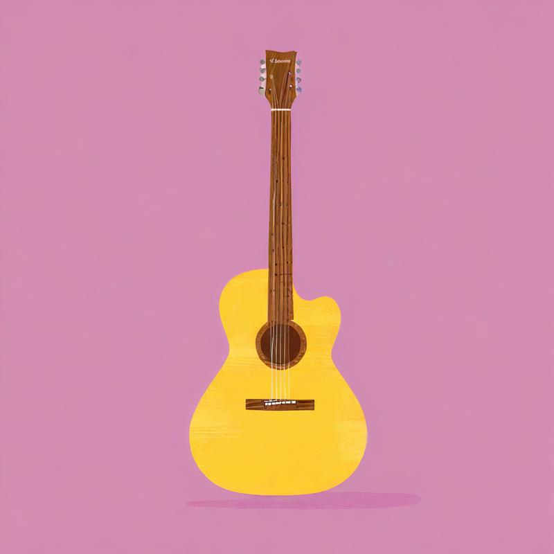 A yellow acoustic guitar awaits melodies