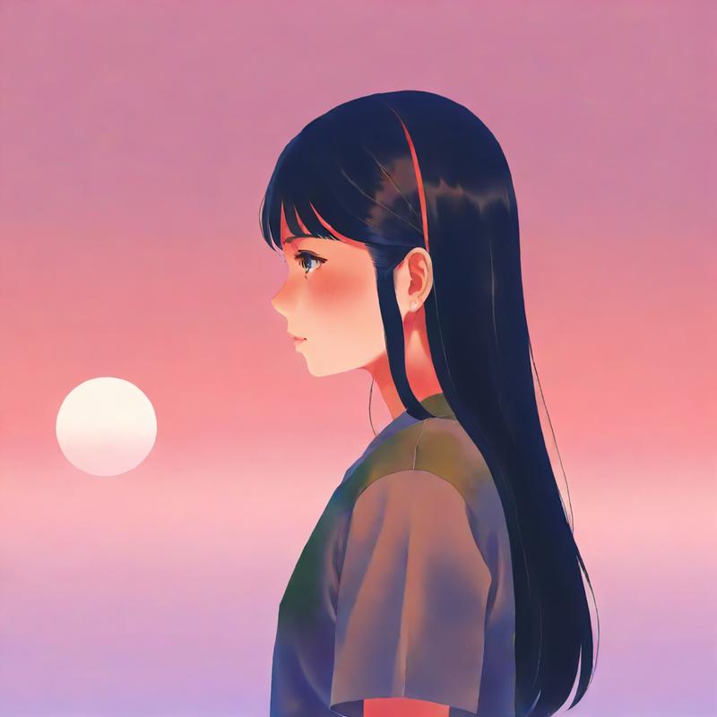 A young woman gazes at the moon