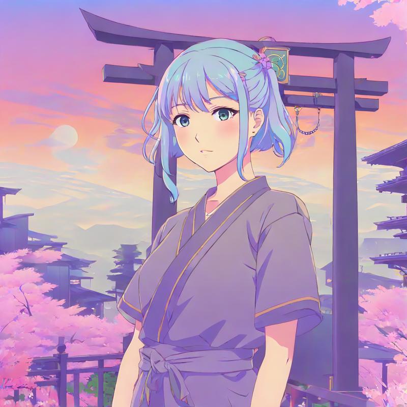 A young woman stands before torii gates