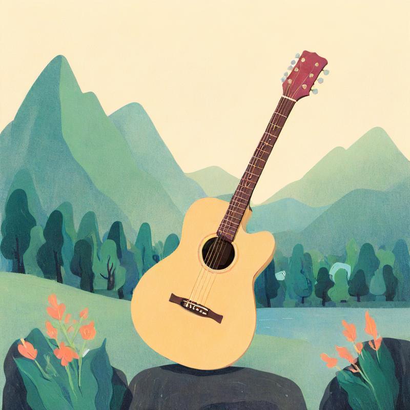 Acoustic Guitar Harmonizes with Mountainous Landscape