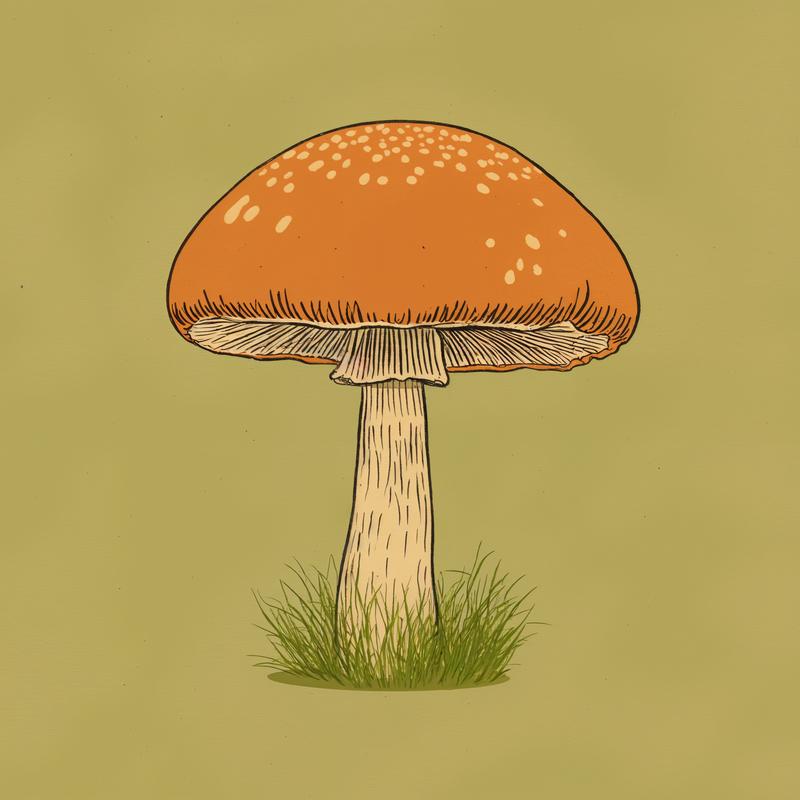 An orange-capped mushroom stands on grass