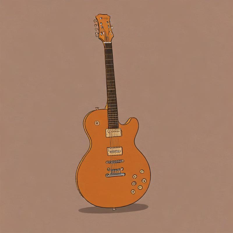 An orange electric guitar stands upright