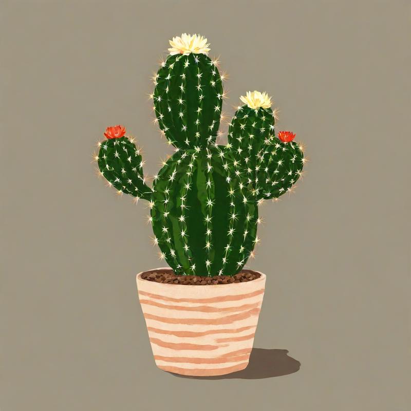 Cactus blooms in striped terracotta pot