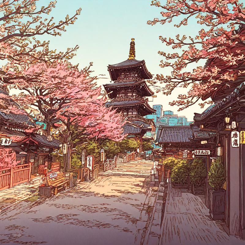 Cherry Blossoms Frame Traditional Japanese Temple Street