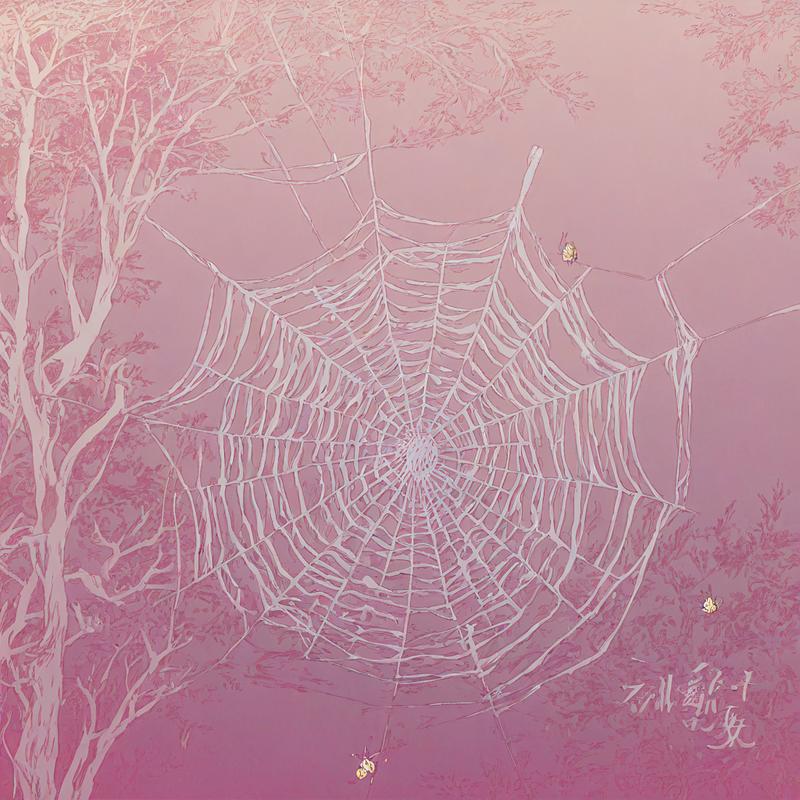 Intricate spider's web glistens with morning dew