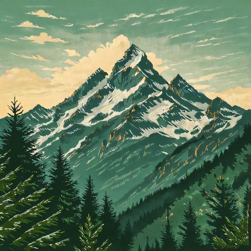 Majestic Snow-Capped Mountains Tower Over Evergreen Forest