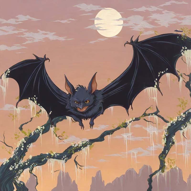 Menacing bat soars across moonlit landscape