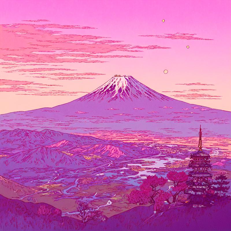 Mount Fuji glows in vibrant pink hues