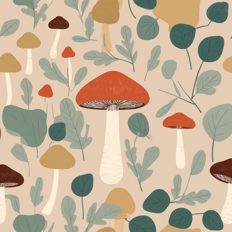 Mushrooms and leaves adorn nature's canvas