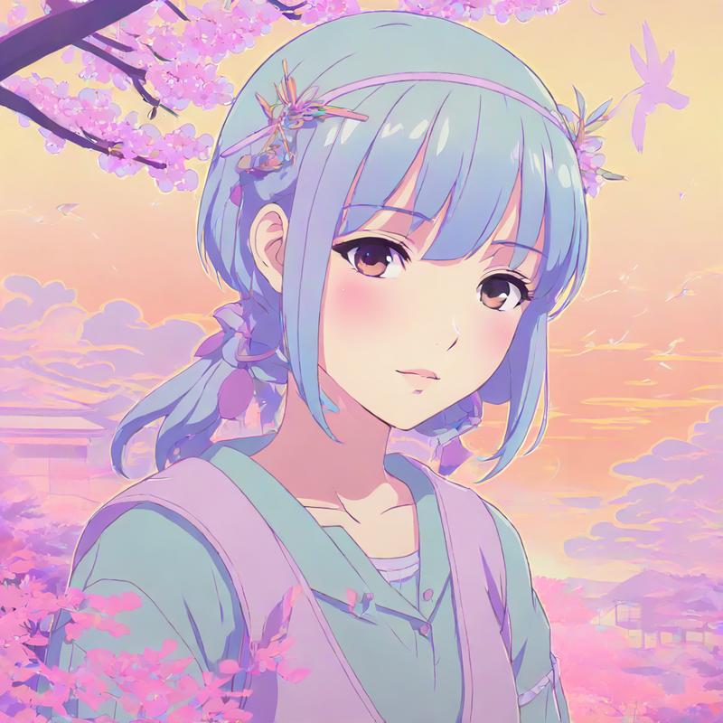 Pastel-hued anime girl graces spring blossoms