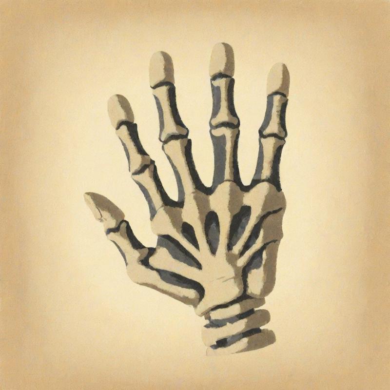 Skeletal hand reaches out from beige background