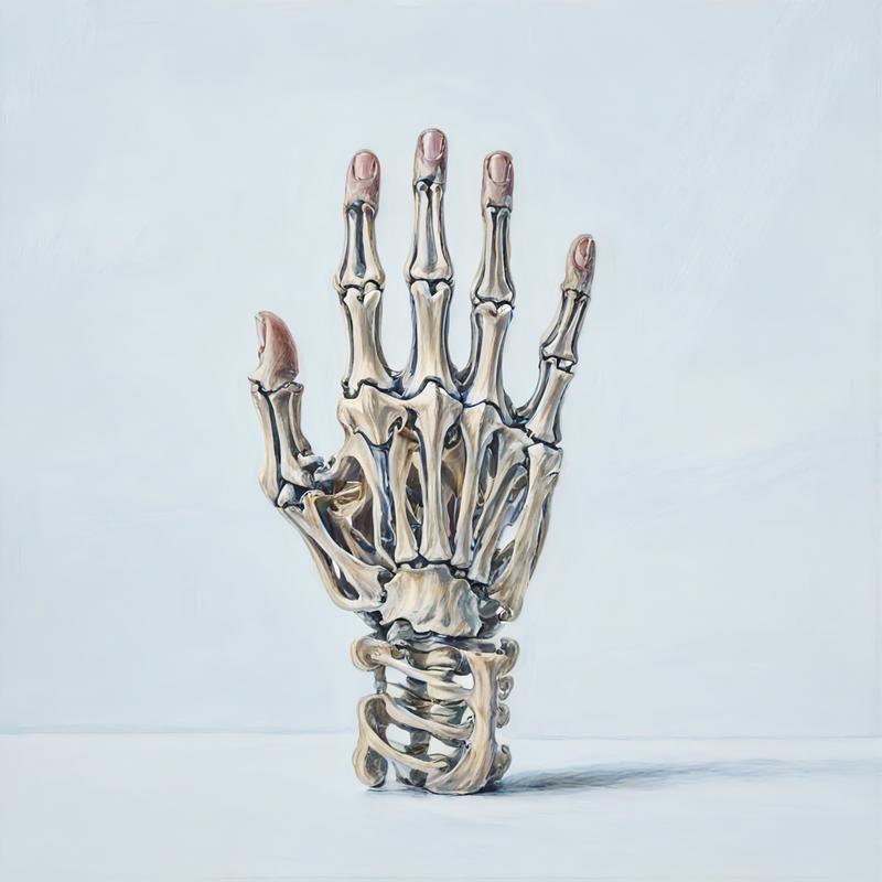 Skeletal hand reaches out from within