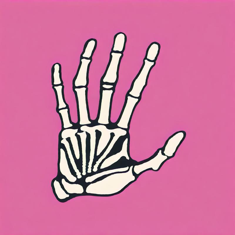 Skeletal hand reaches out on pink