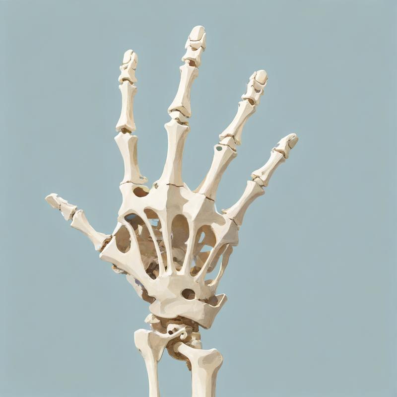 Skeletal hand reaches upward with outstretched fingers