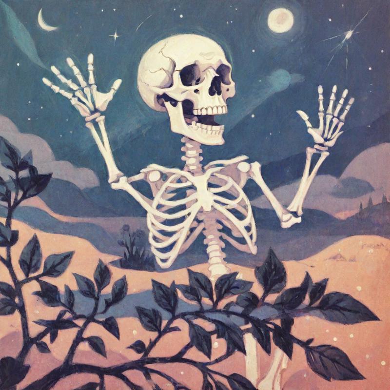 Skeleton dances under starry night sky