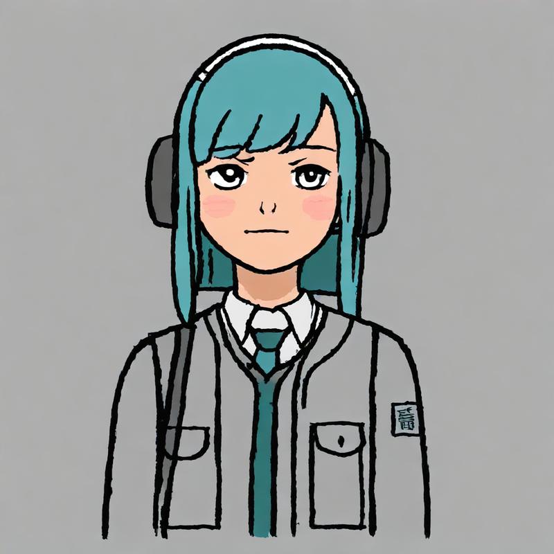 Teal-haired girl frowns, headphones on