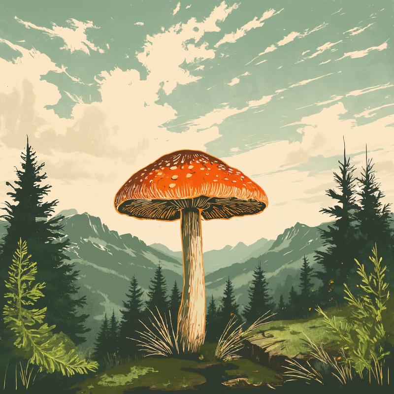 Towering mushroom graces mountainous forest landscape