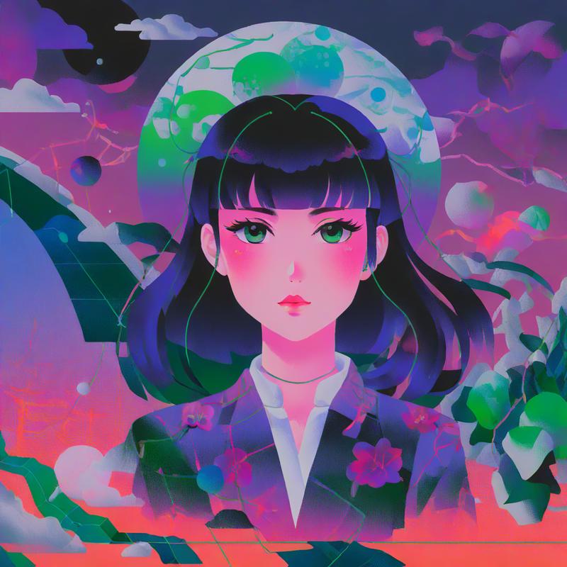 Vibrant anime girl dreams under cosmic moon