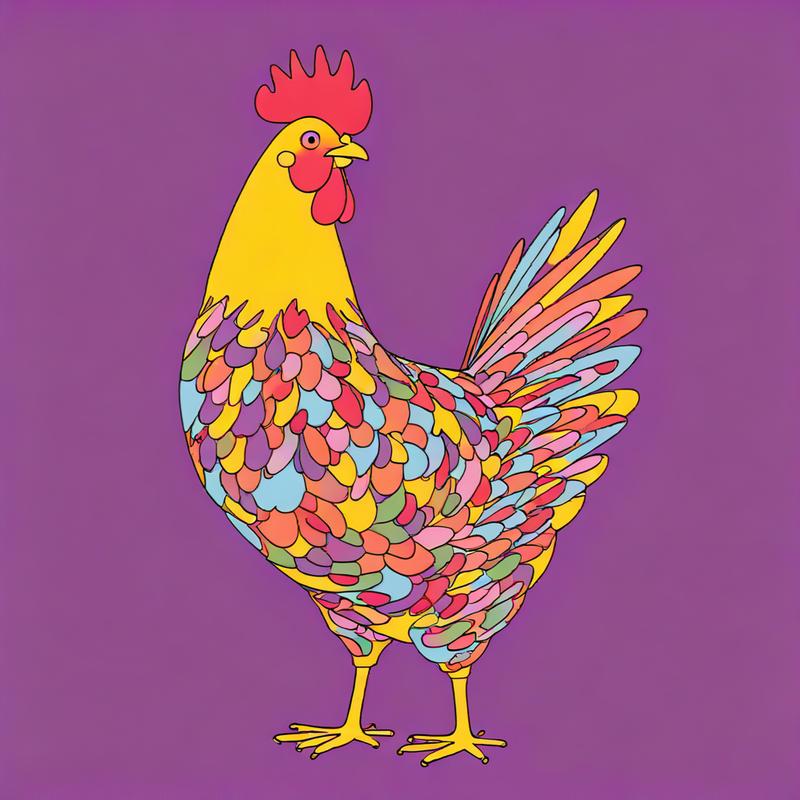 Vibrant chicken struts with colorful plumage