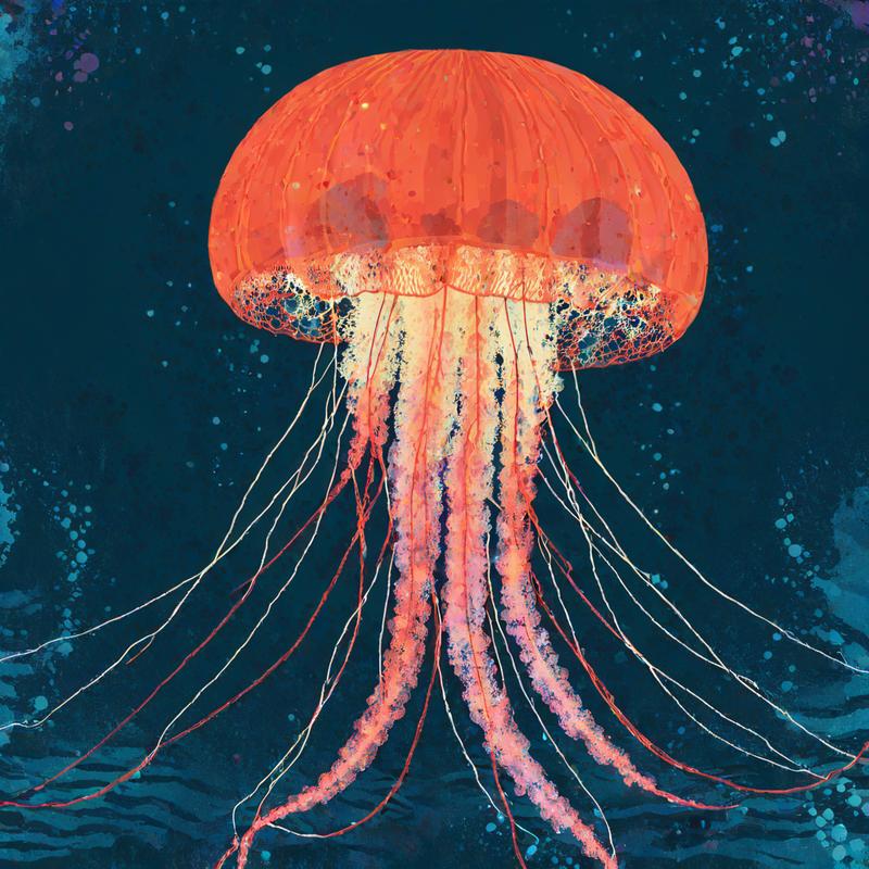 Vibrant jellyfish drifts through cosmic waters