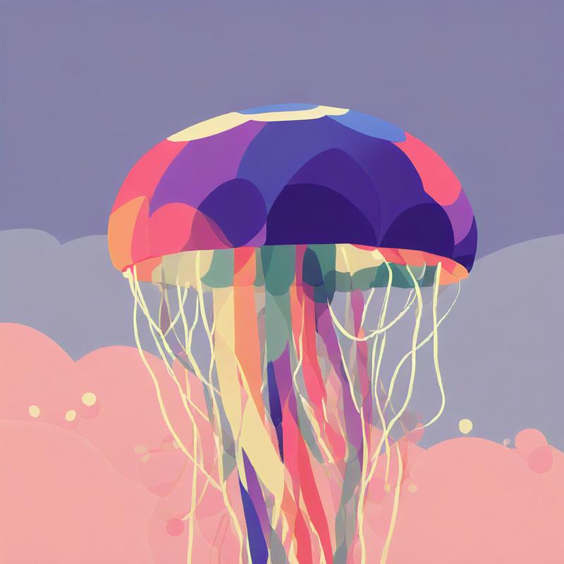 Vibrant jellyfish floats through pastel clouds