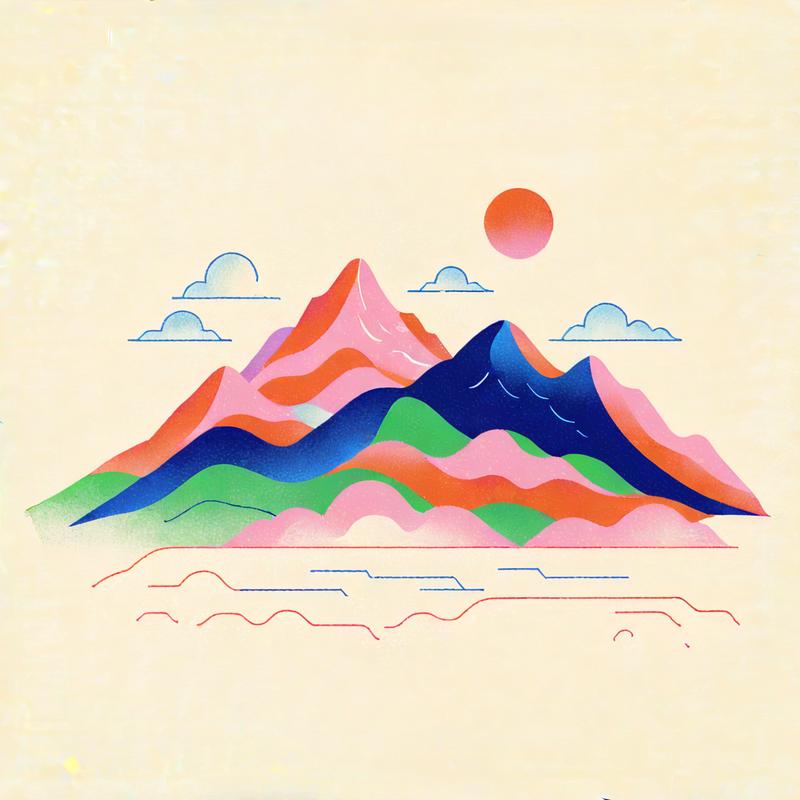 Vibrant mountains rise under colorful sky