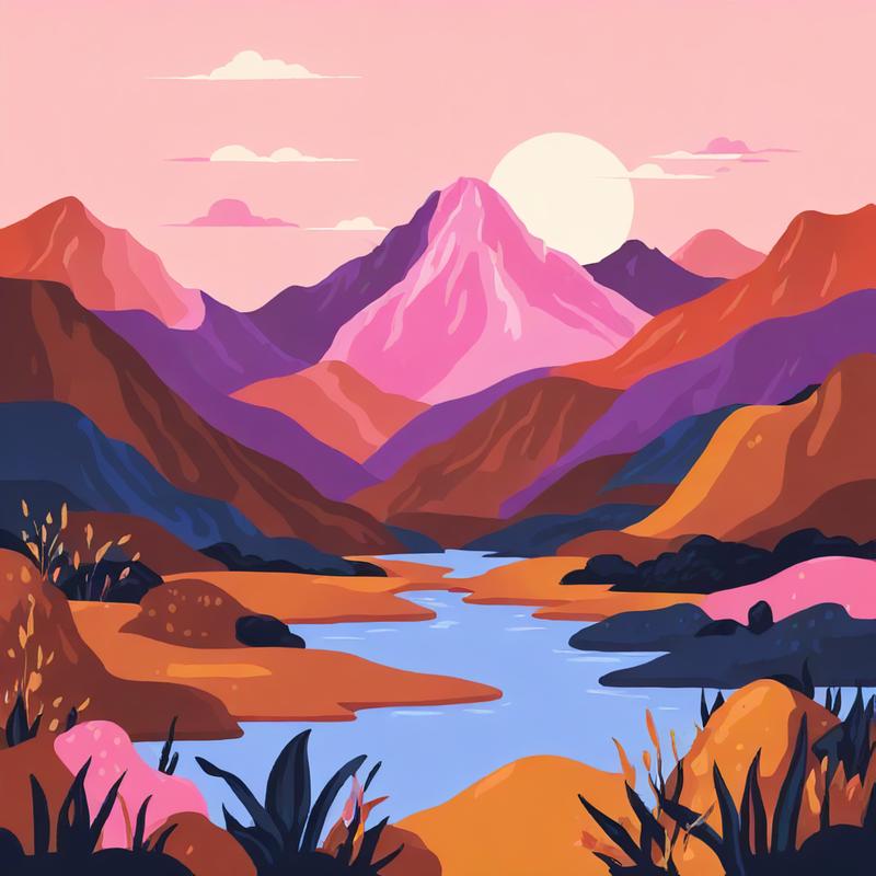 Vibrant mountains surround tranquil lake at sunset