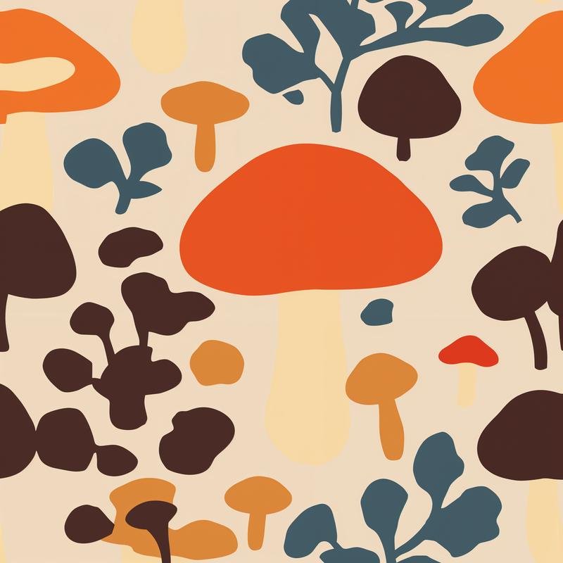 Vibrant mushrooms flourish in abstract harmony