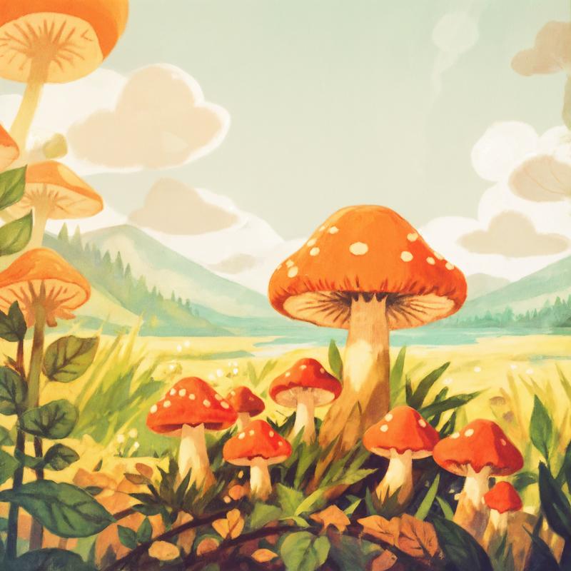 Vibrant mushrooms flourish in idyllic forest landscape