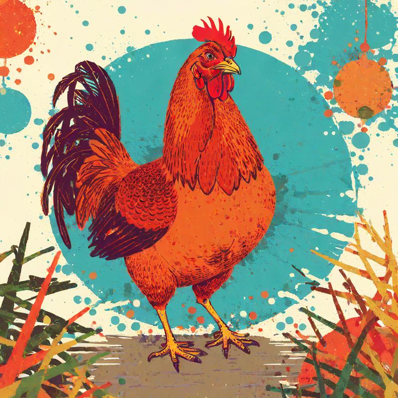 Vibrant rooster struts against splattered backdrop