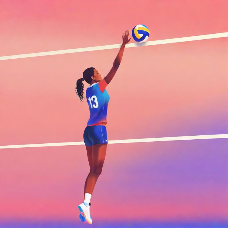 Volleyball player leaps to spike ball