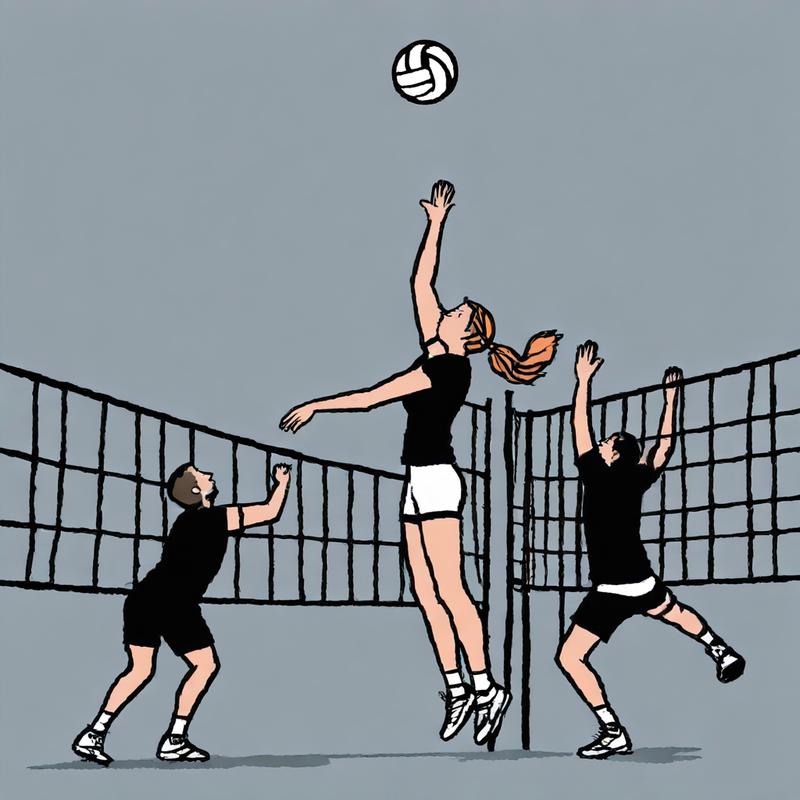 Volleyball players compete at the net